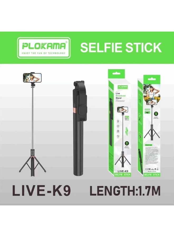 حامل ثلاثي القوائم لعصا السيلفي Plokama K9 LED بطول 170 سم مع جهاز تحكم عن بعد لاسلكي